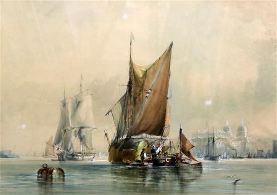 George Chambers (1803-1840) Hay barge and other shipping with Greenwich beyond 16.5 x 23in.